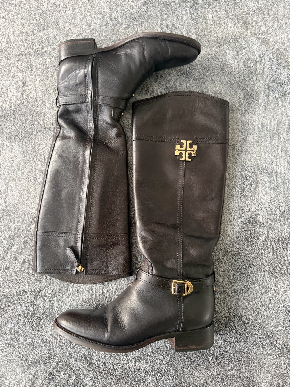 Tory Burch Black Leather Tall Buckle Boots with Gold Logo